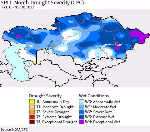 Kazakhstan SPI 1-Month Drought Severity (CPC) Thematic Map For 10/11/2023 - 11/10/2023