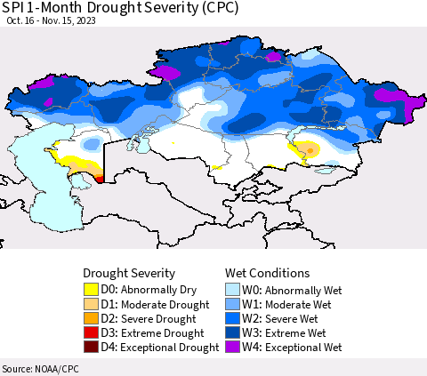 Kazakhstan SPI 1-Month Drought Severity (CPC) Thematic Map For 10/16/2023 - 11/15/2023