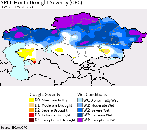 Kazakhstan SPI 1-Month Drought Severity (CPC) Thematic Map For 10/21/2023 - 11/20/2023