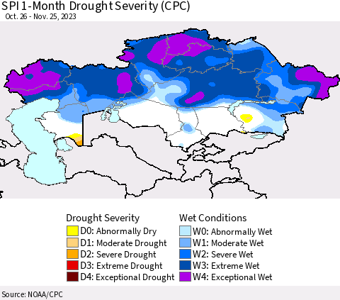 Kazakhstan SPI 1-Month Drought Severity (CPC) Thematic Map For 10/26/2023 - 11/25/2023