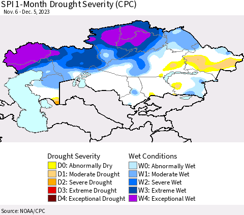 Kazakhstan SPI 1-Month Drought Severity (CPC) Thematic Map For 11/6/2023 - 12/5/2023