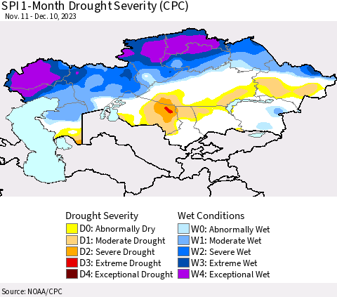 Kazakhstan SPI 1-Month Drought Severity (CPC) Thematic Map For 11/11/2023 - 12/10/2023