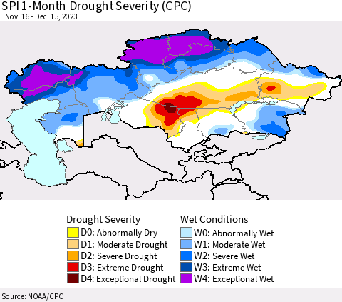 Kazakhstan SPI 1-Month Drought Severity (CPC) Thematic Map For 11/16/2023 - 12/15/2023