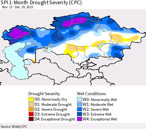 Kazakhstan SPI 1-Month Drought Severity (CPC) Thematic Map For 11/21/2023 - 12/20/2023
