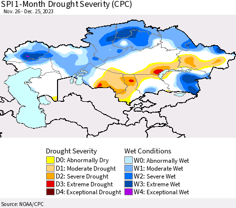 Kazakhstan SPI 1-Month Drought Severity (CPC) Thematic Map For 11/26/2023 - 12/25/2023