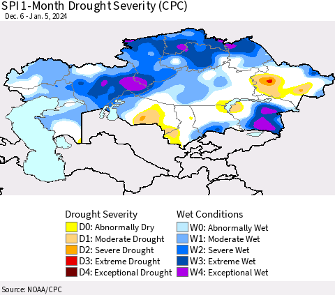 Kazakhstan SPI 1-Month Drought Severity (CPC) Thematic Map For 12/6/2023 - 1/5/2024
