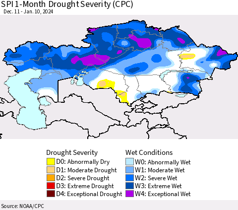 Kazakhstan SPI 1-Month Drought Severity (CPC) Thematic Map For 12/11/2023 - 1/10/2024
