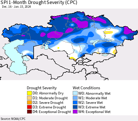 Kazakhstan SPI 1-Month Drought Severity (CPC) Thematic Map For 12/16/2023 - 1/15/2024