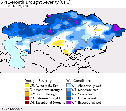 Kazakhstan SPI 1-Month Drought Severity (CPC) Thematic Map For 12/21/2023 - 1/20/2024