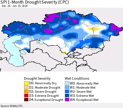 Kazakhstan SPI 1-Month Drought Severity (CPC) Thematic Map For 12/26/2023 - 1/25/2024