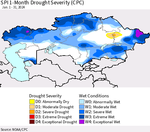 Kazakhstan SPI 1-Month Drought Severity (CPC) Thematic Map For 1/1/2024 - 1/31/2024