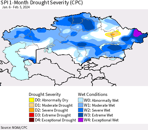 Kazakhstan SPI 1-Month Drought Severity (CPC) Thematic Map For 1/6/2024 - 2/5/2024