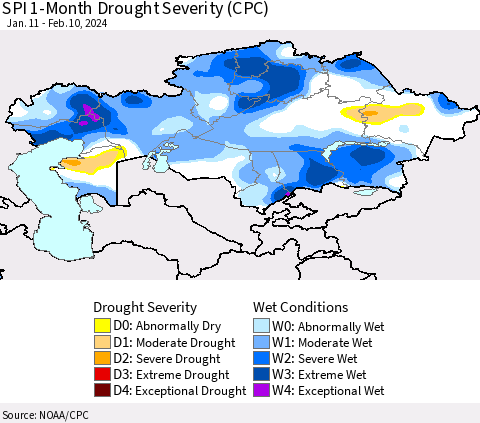 Kazakhstan SPI 1-Month Drought Severity (CPC) Thematic Map For 1/11/2024 - 2/10/2024