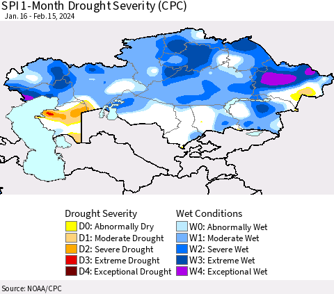 Kazakhstan SPI 1-Month Drought Severity (CPC) Thematic Map For 1/16/2024 - 2/15/2024