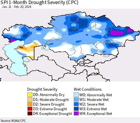 Kazakhstan SPI 1-Month Drought Severity (CPC) Thematic Map For 1/21/2024 - 2/20/2024