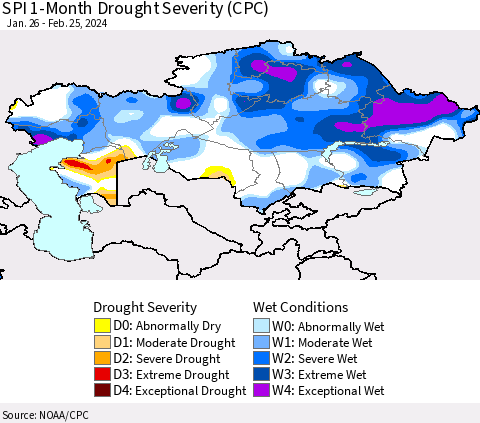 Kazakhstan SPI 1-Month Drought Severity (CPC) Thematic Map For 1/26/2024 - 2/25/2024