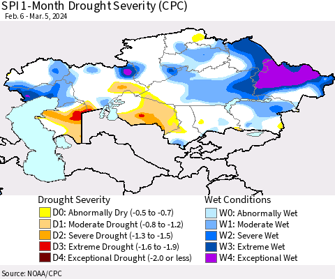 Kazakhstan SPI 1-Month Drought Severity (CPC) Thematic Map For 2/6/2024 - 3/5/2024