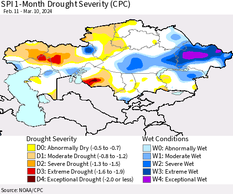 Kazakhstan SPI 1-Month Drought Severity (CPC) Thematic Map For 2/11/2024 - 3/10/2024