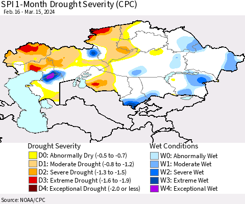 Kazakhstan SPI 1-Month Drought Severity (CPC) Thematic Map For 2/16/2024 - 3/15/2024