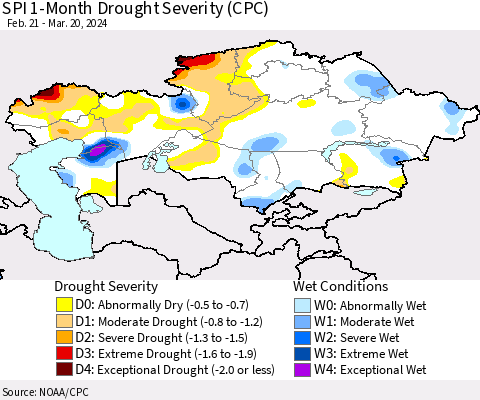 Kazakhstan SPI 1-Month Drought Severity (CPC) Thematic Map For 2/21/2024 - 3/20/2024