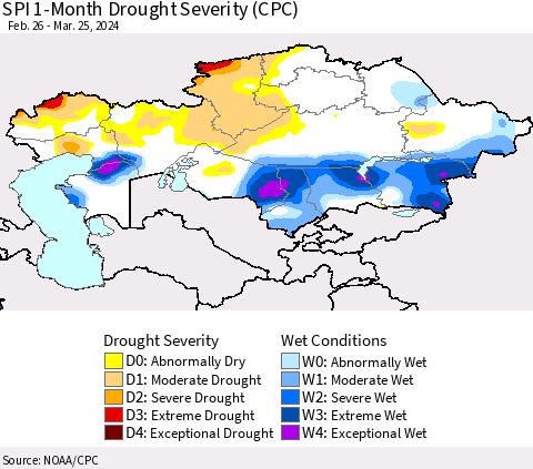 Kazakhstan SPI 1-Month Drought Severity (CPC) Thematic Map For 2/26/2024 - 3/25/2024
