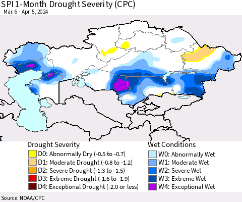 Kazakhstan SPI 1-Month Drought Severity (CPC) Thematic Map For 3/6/2024 - 4/5/2024