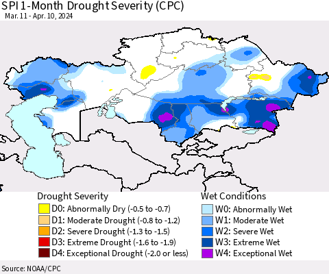 Kazakhstan SPI 1-Month Drought Severity (CPC) Thematic Map For 3/11/2024 - 4/10/2024