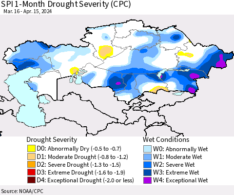 Kazakhstan SPI 1-Month Drought Severity (CPC) Thematic Map For 3/16/2024 - 4/15/2024