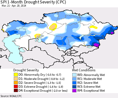 Kazakhstan SPI 1-Month Drought Severity (CPC) Thematic Map For 3/21/2024 - 4/20/2024