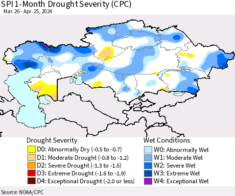 Kazakhstan SPI 1-Month Drought Severity (CPC) Thematic Map For 3/26/2024 - 4/25/2024