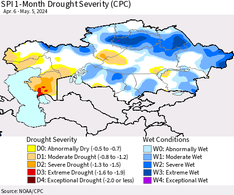 Kazakhstan SPI 1-Month Drought Severity (CPC) Thematic Map For 4/6/2024 - 5/5/2024