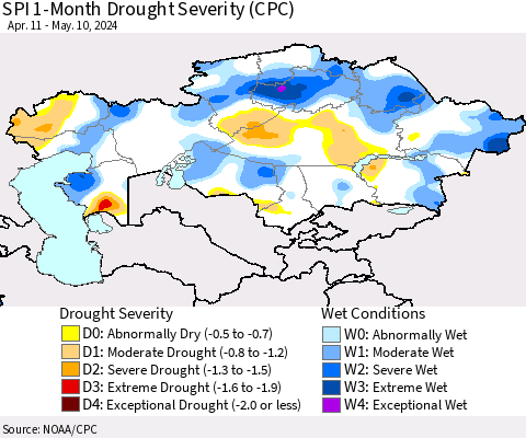 Kazakhstan SPI 1-Month Drought Severity (CPC) Thematic Map For 4/11/2024 - 5/10/2024
