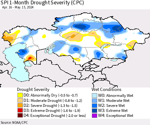 Kazakhstan SPI 1-Month Drought Severity (CPC) Thematic Map For 4/16/2024 - 5/15/2024