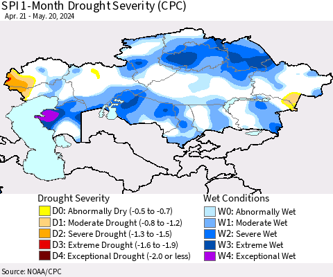 Kazakhstan SPI 1-Month Drought Severity (CPC) Thematic Map For 4/21/2024 - 5/20/2024