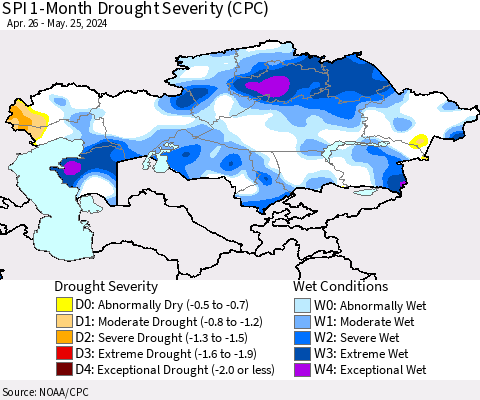 Kazakhstan SPI 1-Month Drought Severity (CPC) Thematic Map For 4/26/2024 - 5/25/2024