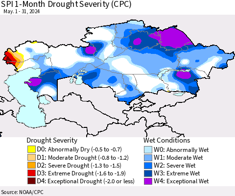 Kazakhstan SPI 1-Month Drought Severity (CPC) Thematic Map For 5/1/2024 - 5/31/2024