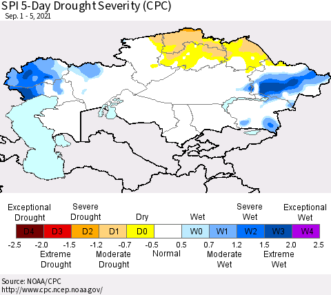 Kazakhstan SPI 5-Day Drought Severity (CPC) Thematic Map For 9/1/2021 - 9/5/2021