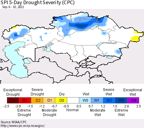 Kazakhstan SPI 5-Day Drought Severity (CPC) Thematic Map For 9/6/2021 - 9/10/2021