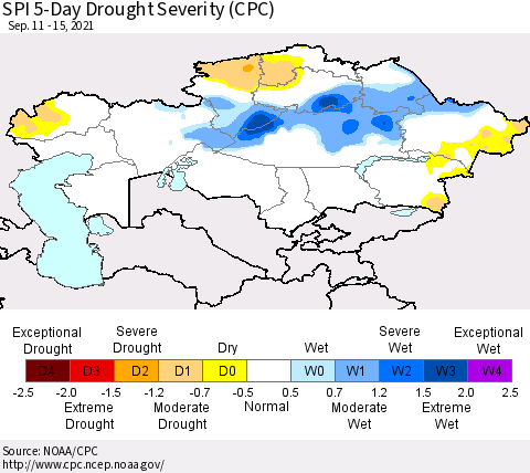 Kazakhstan SPI 5-Day Drought Severity (CPC) Thematic Map For 9/11/2021 - 9/15/2021