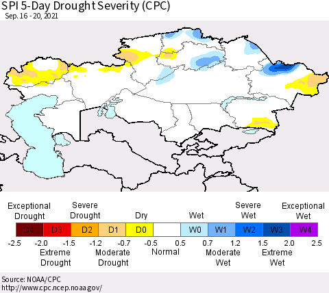 Kazakhstan SPI 5-Day Drought Severity (CPC) Thematic Map For 9/16/2021 - 9/20/2021