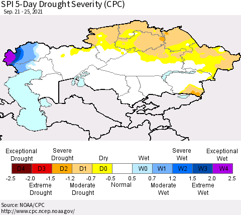 Kazakhstan SPI 5-Day Drought Severity (CPC) Thematic Map For 9/21/2021 - 9/25/2021