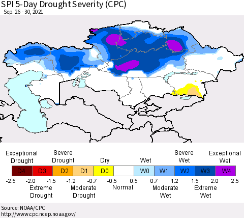 Kazakhstan SPI 5-Day Drought Severity (CPC) Thematic Map For 9/26/2021 - 9/30/2021