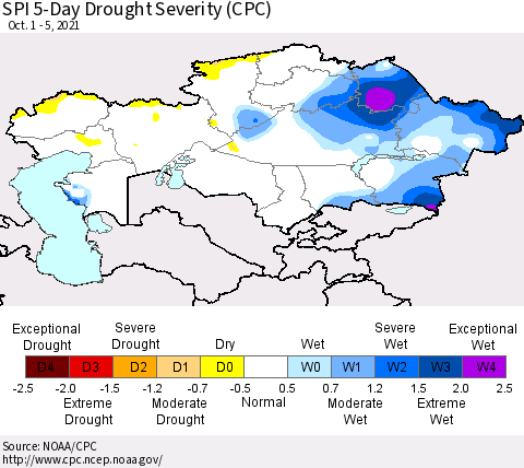 Kazakhstan SPI 5-Day Drought Severity (CPC) Thematic Map For 10/1/2021 - 10/5/2021