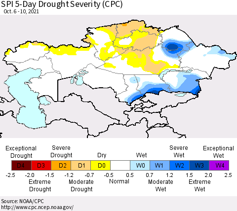 Kazakhstan SPI 5-Day Drought Severity (CPC) Thematic Map For 10/6/2021 - 10/10/2021
