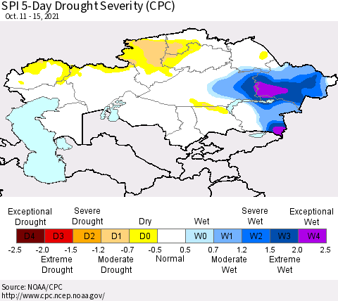 Kazakhstan SPI 5-Day Drought Severity (CPC) Thematic Map For 10/11/2021 - 10/15/2021