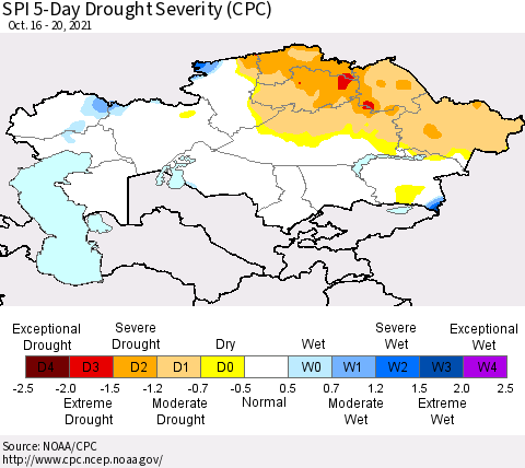 Kazakhstan SPI 5-Day Drought Severity (CPC) Thematic Map For 10/16/2021 - 10/20/2021