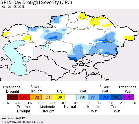 Kazakhstan SPI 5-Day Drought Severity (CPC) Thematic Map For 10/21/2021 - 10/25/2021