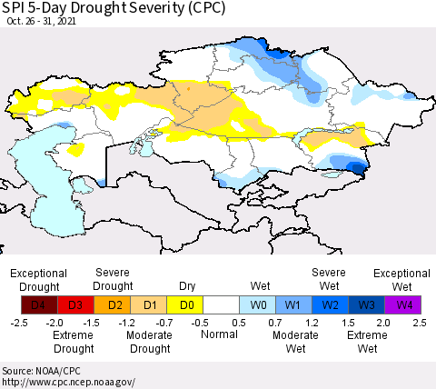 Kazakhstan SPI 5-Day Drought Severity (CPC) Thematic Map For 10/26/2021 - 10/31/2021