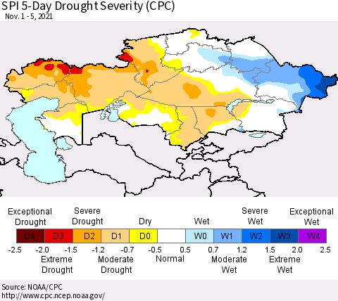 Kazakhstan SPI 5-Day Drought Severity (CPC) Thematic Map For 11/1/2021 - 11/5/2021