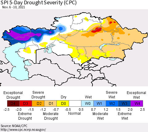 Kazakhstan SPI 5-Day Drought Severity (CPC) Thematic Map For 11/6/2021 - 11/10/2021